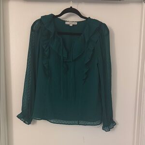 LOFT Women's Green Ruffle Blouse